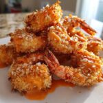 A pile of crispy, coconut-crusted bang bang shrimp drizzled with orange sauce on a white plate.