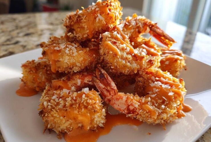 A pile of crispy, coconut-crusted bang bang shrimp drizzled with orange sauce on a white plate.