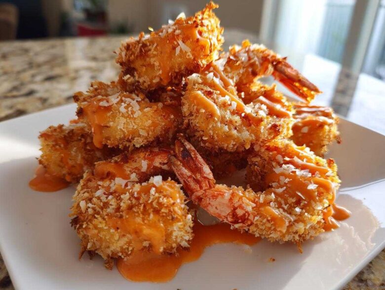 A pile of crispy, coconut-crusted bang bang shrimp drizzled with orange sauce on a white plate.