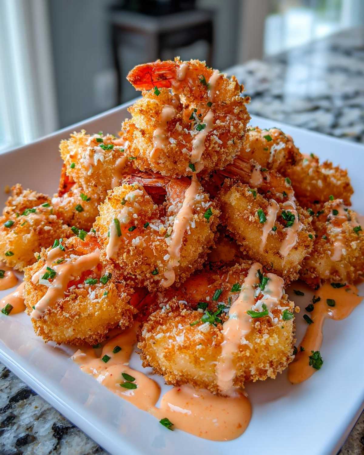 A pile of crispy, golden-brown bang bang shrimp drizzled with spicy orange sauce and topped with green herbs.