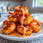 A stack of crispy, golden-brown Bang Bang Shrimp drizzled generously with a creamy orange sauce on a white plate.