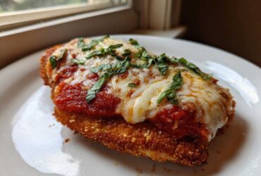 A perfectly cooked piece of chicken parmesan recipe, breaded and topped with marinara sauce, melted mozzarella, and fresh basil.
