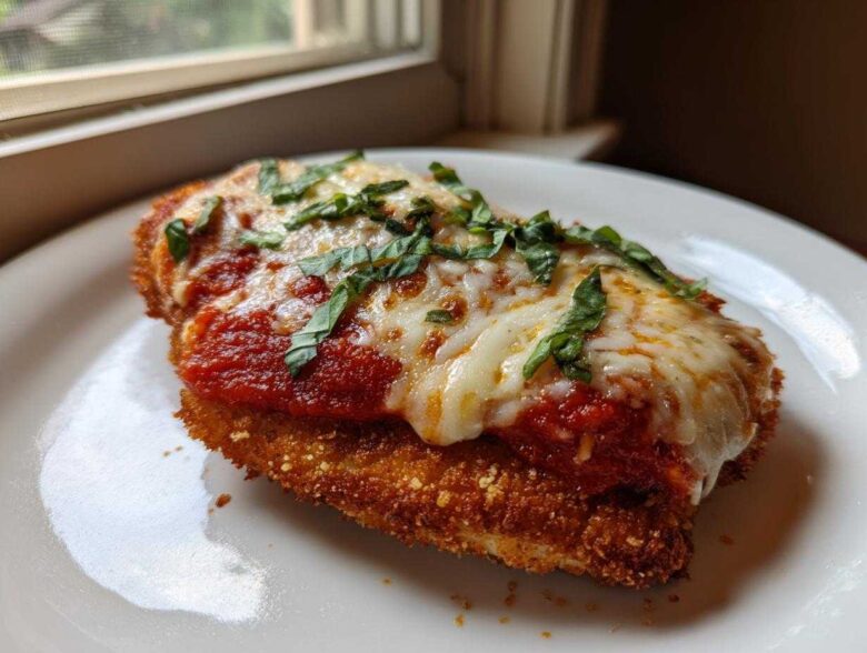 A perfectly cooked piece of chicken parmesan recipe, breaded and topped with marinara sauce, melted mozzarella, and fresh basil.