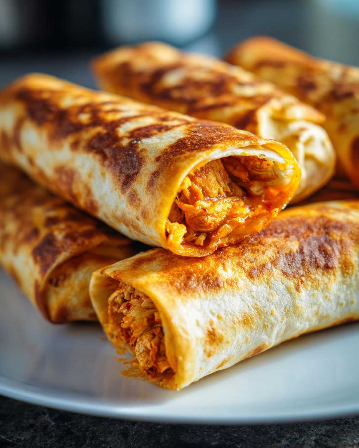 Close-up of golden brown, crispy Chimichangas stacked on a white plate, showing the savory shredded chicken filling.