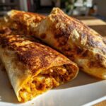Three golden-brown, crispy chimichangas stacked on a white plate, one cut open to show the filling.