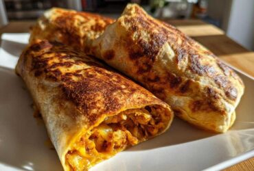 Three golden-brown, crispy chimichangas stacked on a white plate, one cut open to show the filling.
