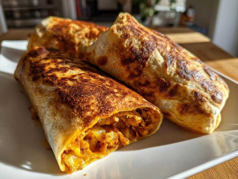 Three golden-brown, crispy chimichangas stacked on a white plate, one cut open to show the filling.