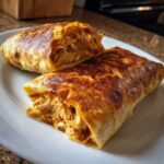 Two halves of a golden, crispy chimichangas filled with shredded chicken, served on a white plate.