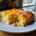 A generous serving of creamy crockpot cheesy potatoes topped with melted, browned cheddar cheese on a white plate.