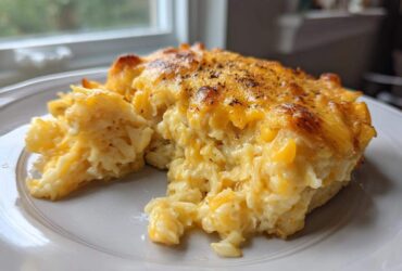 A close-up serving of creamy crockpot cheesy potatoes with a golden, bubbly, and seasoned cheese crust.