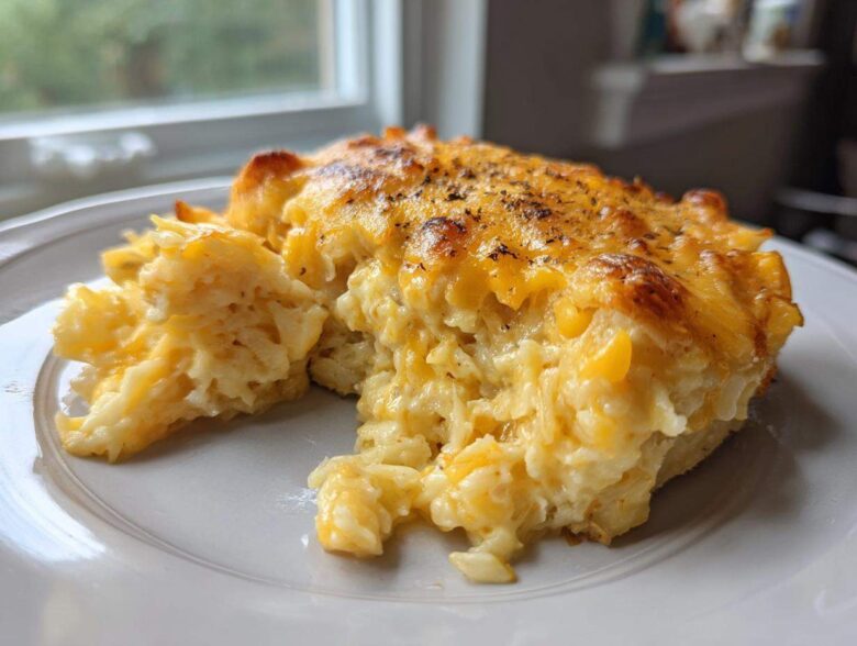 A close-up serving of creamy crockpot cheesy potatoes with a golden, bubbly, and seasoned cheese crust.
