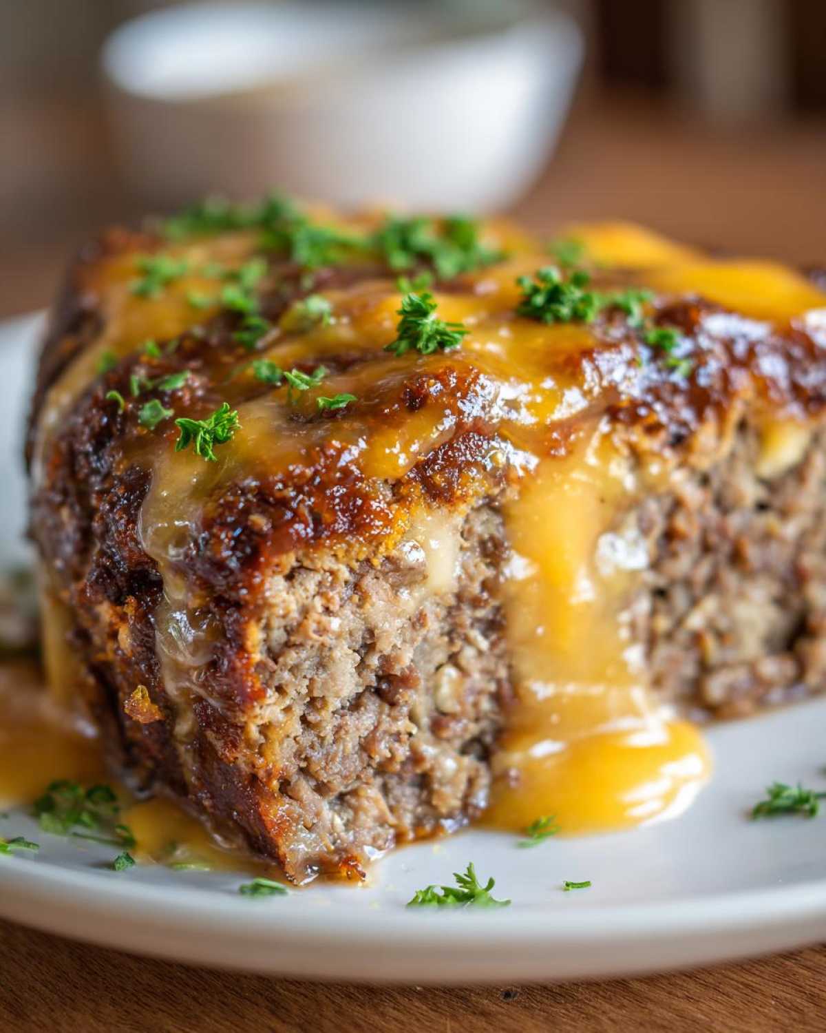 Close-up of a moist slice of crockpot french onion meatloaf topped with melted cheese and parsley.