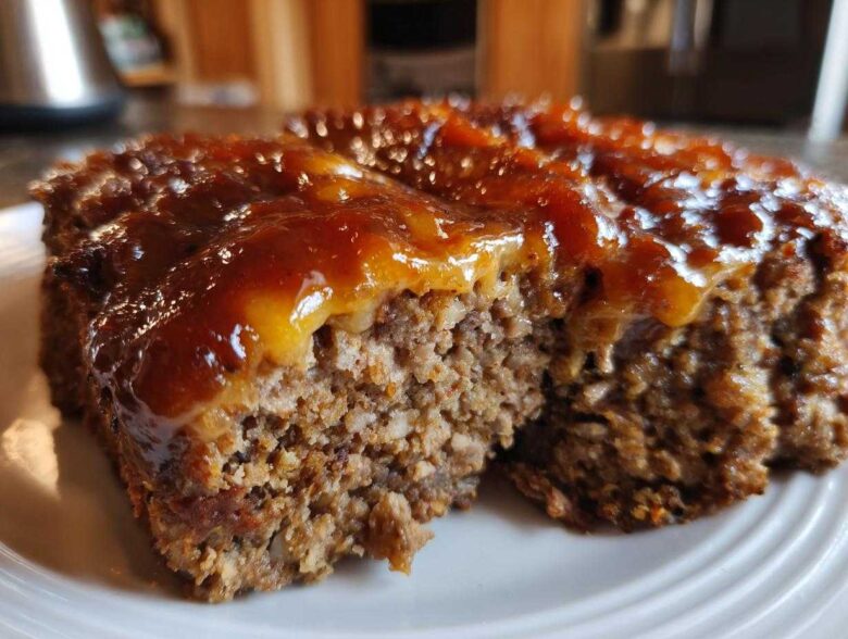 Close-up of a moist slice of crockpot french onion meatloaf topped with a thick, glossy brown glaze.