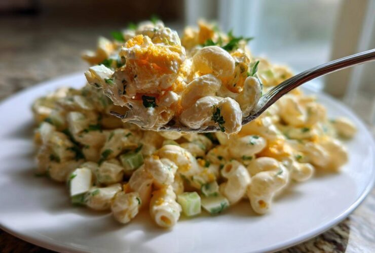 A fork lifts a creamy bite of deviled egg pasta salad with macaroni, celery, and crumbled egg yolk over a plate.