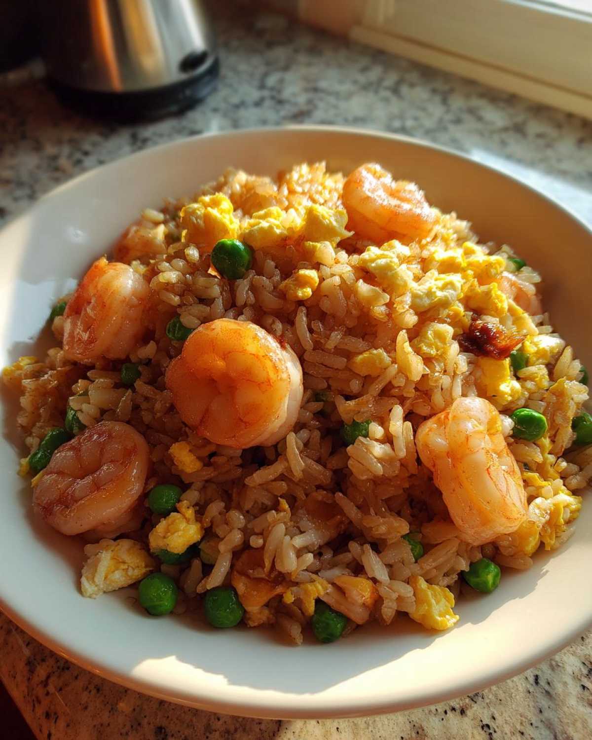 A close-up of a white bowl filled with savory shrimp fried rice, featuring plump shrimp, scrambled egg pieces, and bright green peas.