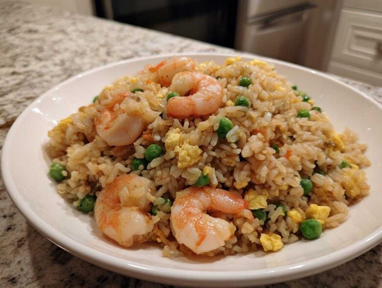 A close-up of a generous serving of shrimp fried rice with visible shrimp, peas, and scrambled egg.