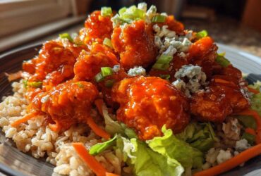 A close-up of a delicious buffalo chicken bowl featuring saucy chicken, brown rice, lettuce, carrots, and blue cheese crumbles.