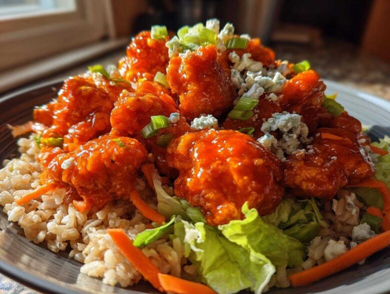 A close-up of a delicious buffalo chicken bowl featuring saucy chicken, brown rice, lettuce, carrots, and blue cheese crumbles.