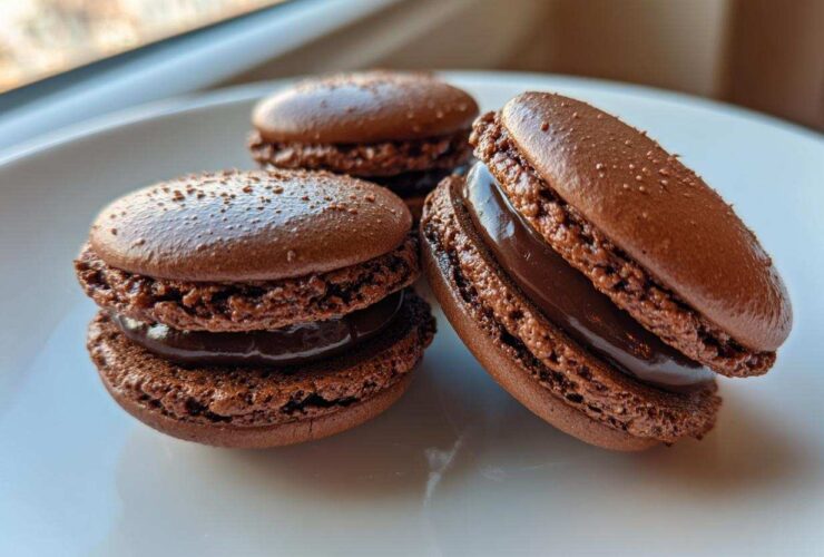Three perfectly formed, rich brown chocolate macarons filled with glossy ganache, resting on a white plate.