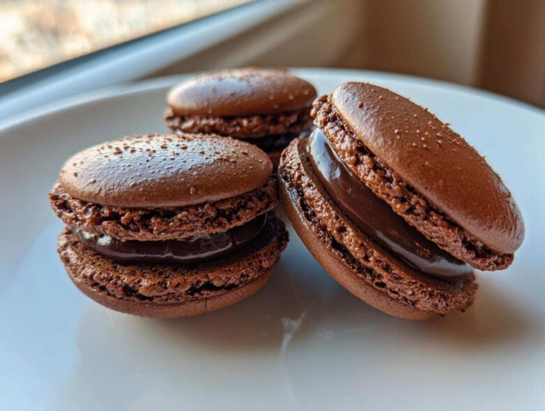 Three perfectly formed, rich brown chocolate macarons filled with glossy ganache, resting on a white plate.