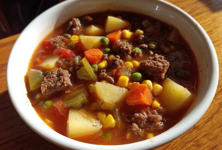 A close-up of a white bowl filled with rich hamburger soup featuring ground beef, potatoes, carrots, peas, and corn.