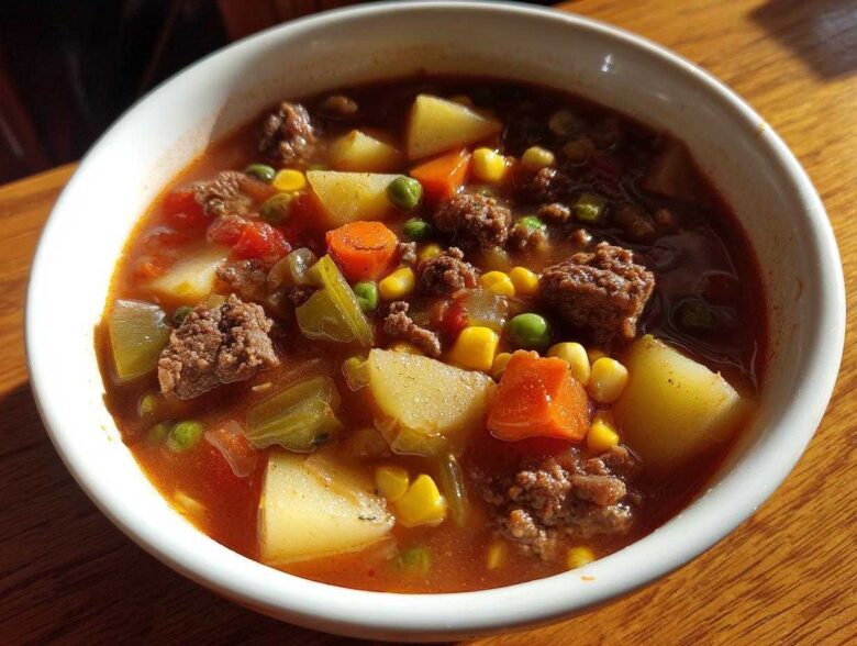 A close-up of a white bowl filled with rich hamburger soup featuring ground beef, potatoes, carrots, peas, and corn.