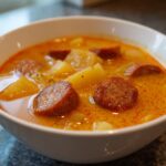 Close-up of a white bowl filled with creamy, orange-hued kielbasa potato soup featuring chunks of potato and sliced smoked sausage.