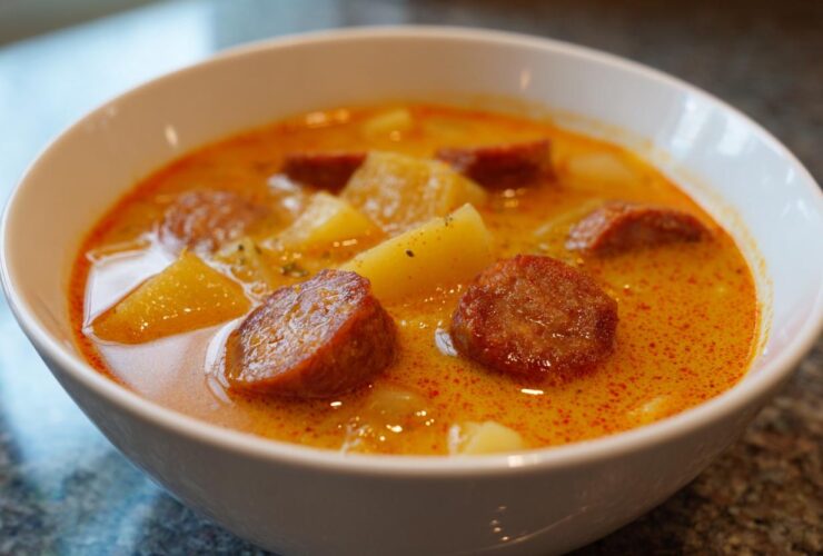 Close-up of a white bowl filled with creamy, orange-hued kielbasa potato soup featuring chunks of potato and sliced smoked sausage.