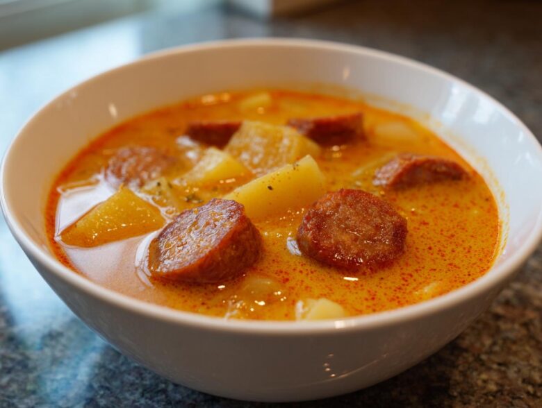 Close-up of a white bowl filled with creamy, orange-hued kielbasa potato soup featuring chunks of potato and sliced smoked sausage.