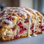 A close-up, macro shot of a flaky cranberry orange scone slice topped with thick white citrus glaze.