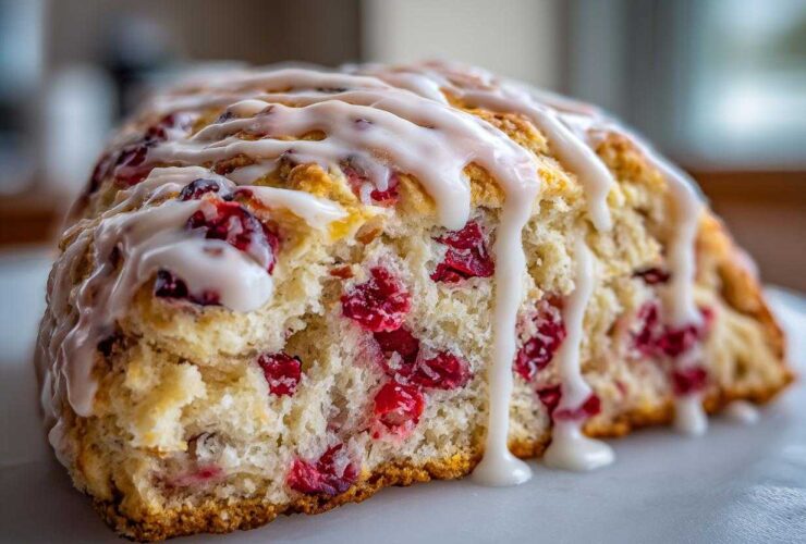 A close-up, macro shot of a flaky cranberry orange scone slice topped with thick white citrus glaze.