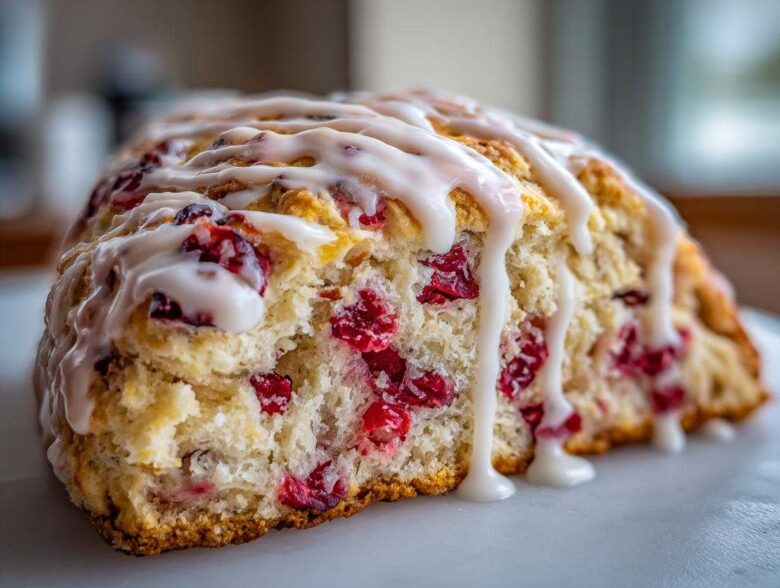 A close-up, macro shot of a flaky cranberry orange scone slice topped with thick white citrus glaze.