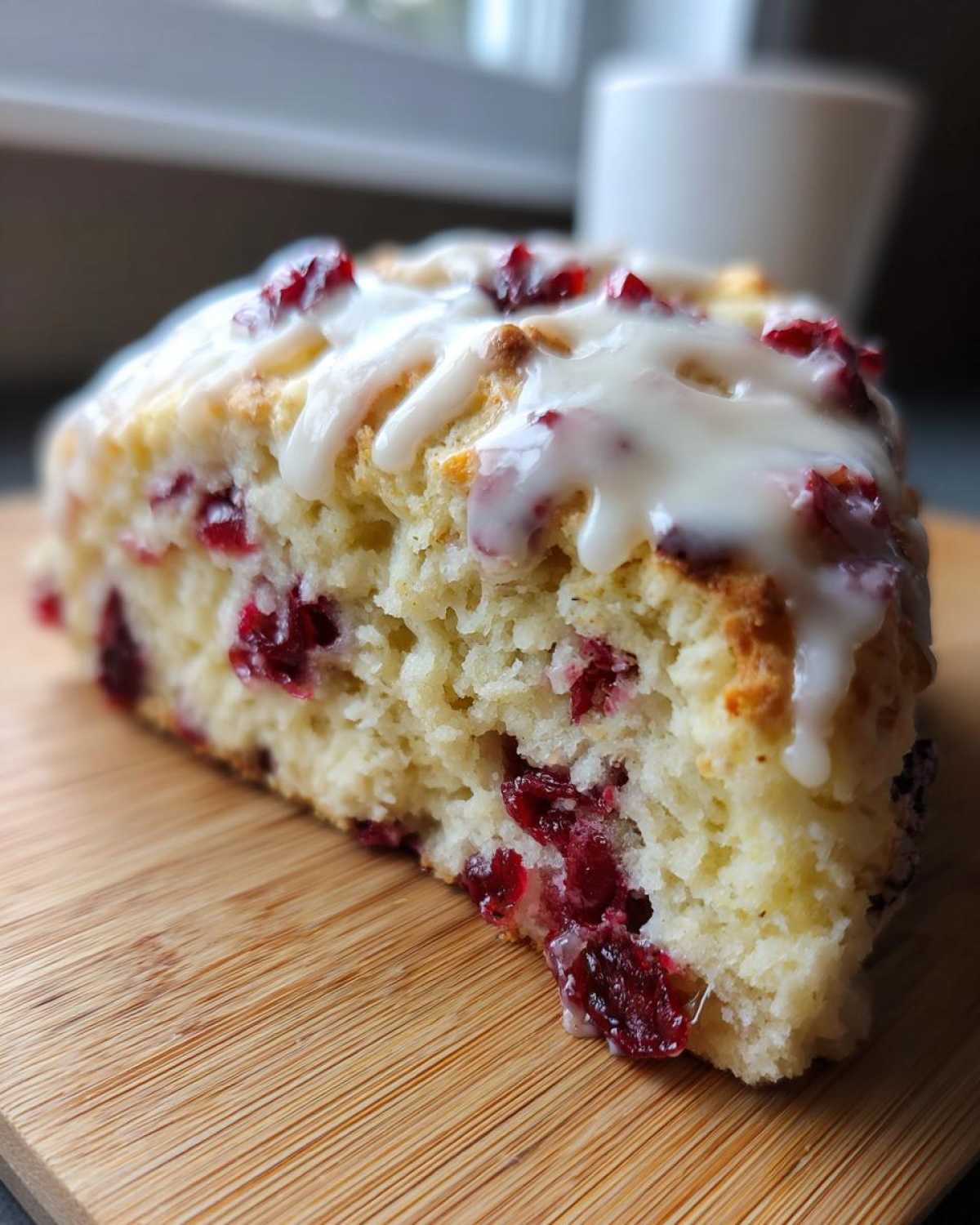 A close-up of a flaky cranberry orange scone slice topped with white citrus glaze.