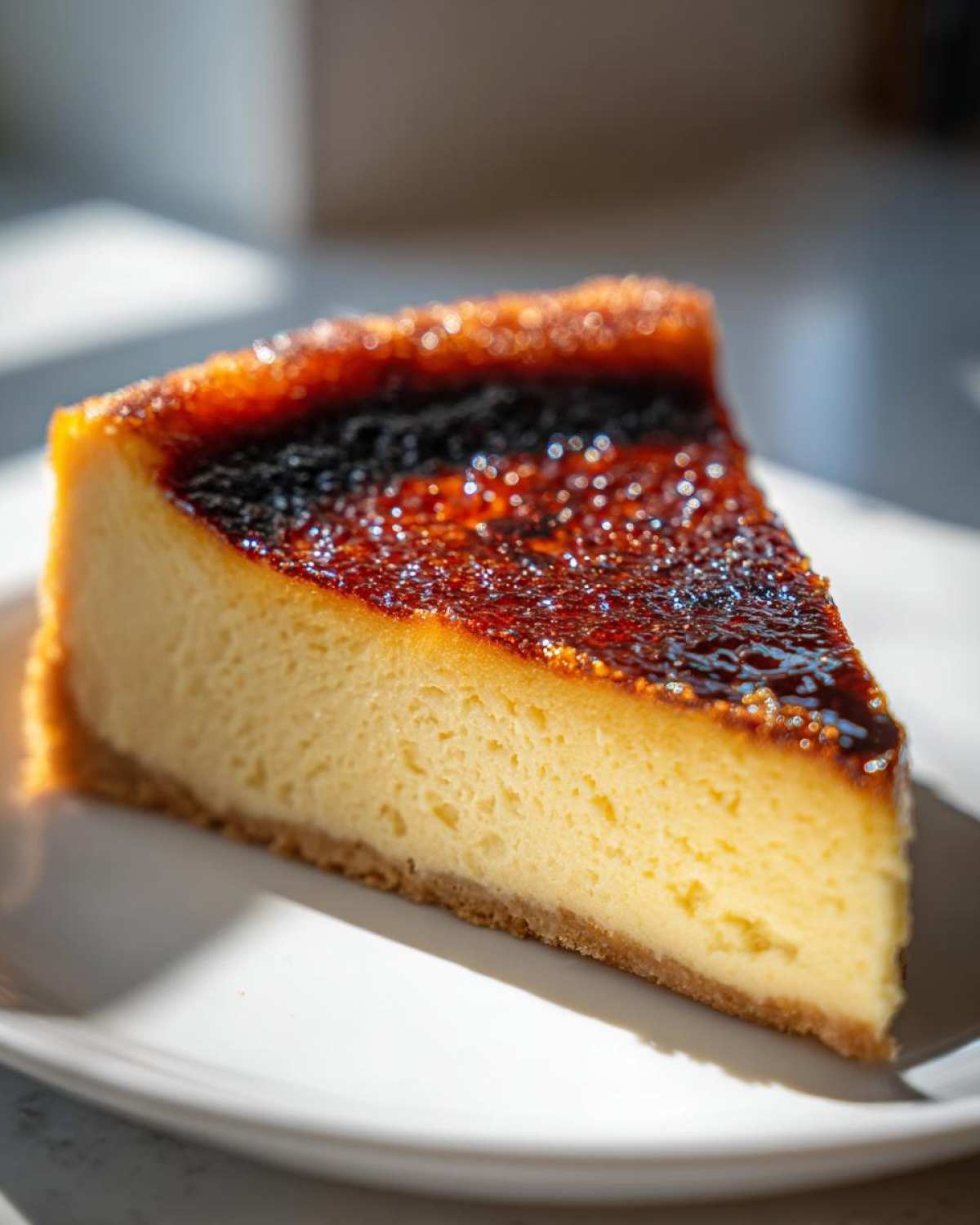 A close-up slice of creme brulee cheesecake with a perfectly torched, glossy sugar top.