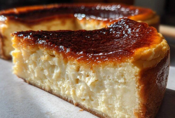 Close-up of a slice of creamy creme brulee cheesecake with a deeply caramelized, glossy top.