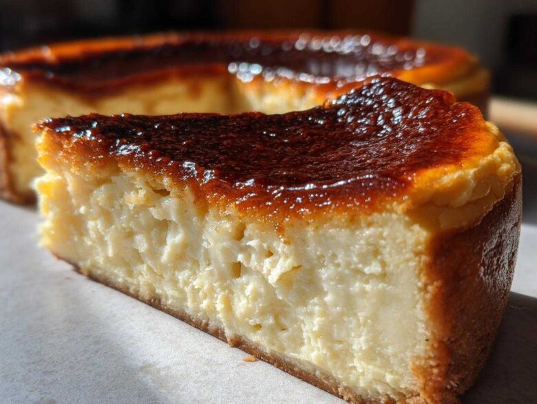 Close-up of a slice of creamy creme brulee cheesecake with a deeply caramelized, glossy top.