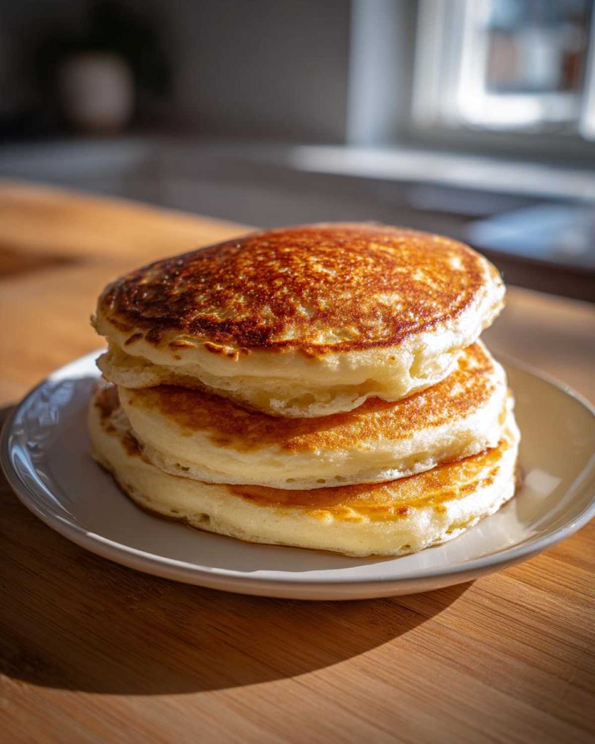 A stack of three thick, golden-brown almond flour pancakes served on a small white plate.
