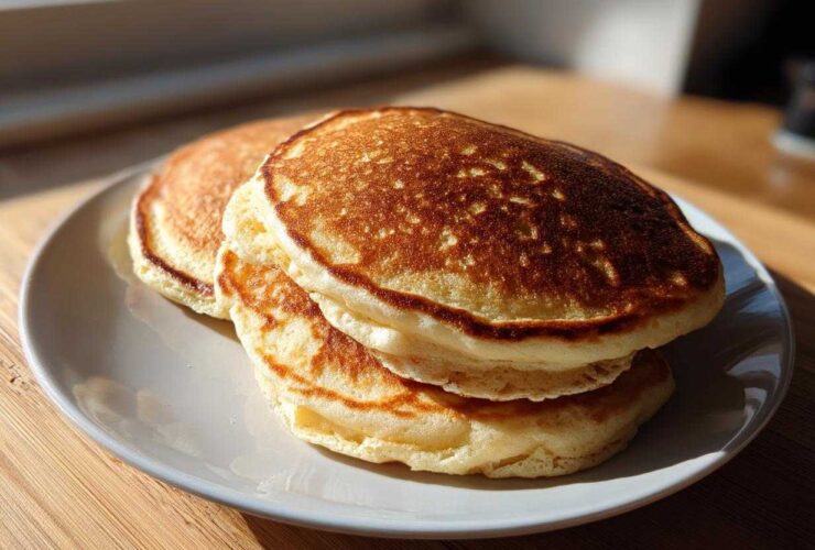 A stack of three perfectly golden brown almond flour pancakes resting on a white plate near a window.