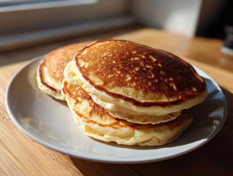 A stack of three perfectly golden brown almond flour pancakes resting on a white plate near a window.