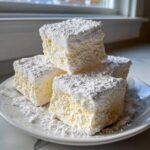 Close-up of three thick, square homemade marshmallows heavily dusted with powdered sugar on a white plate.