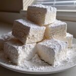 A stack of large, square homemade marshmallows generously dusted with white powdered sugar on a white plate.