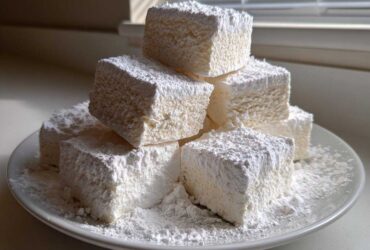 A stack of large, square homemade marshmallows generously dusted with white powdered sugar on a white plate.
