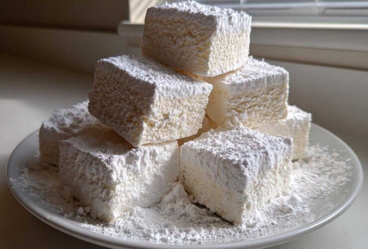 A stack of large, square homemade marshmallows generously dusted with white powdered sugar on a white plate.