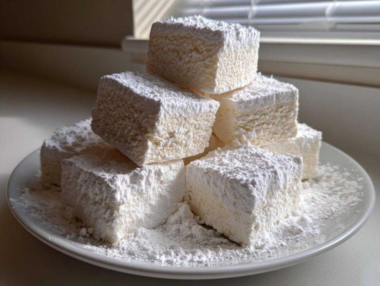 A stack of large, square homemade marshmallows generously dusted with white powdered sugar on a white plate.