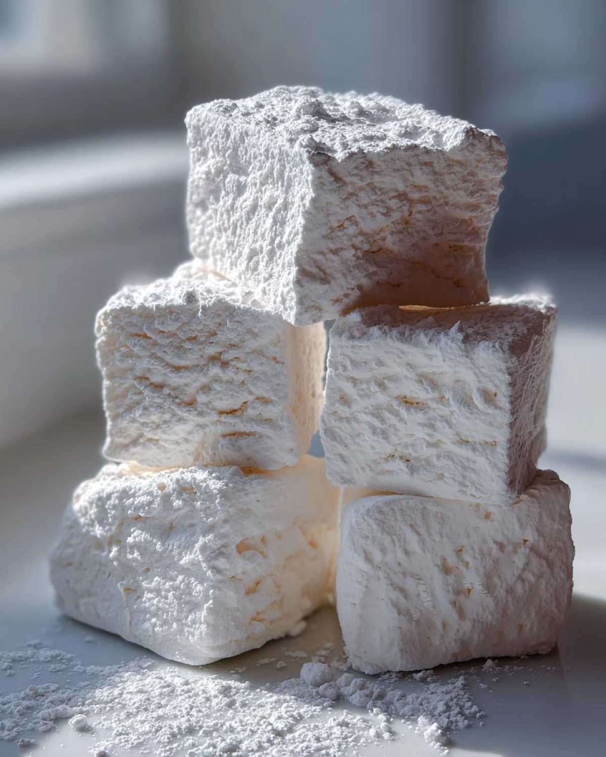 A stack of five large, square homemade marshmallows heavily dusted with powdered sugar.