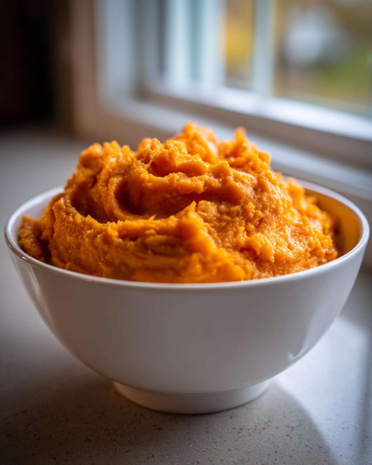A close-up of fluffy, bright orange mashed sweet potatoes served in a white bowl near a window.