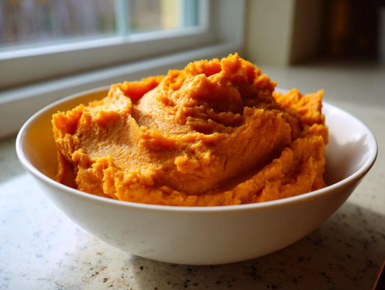 A white bowl filled with vibrant, fluffy mashed sweet potatoes, set near a window.
