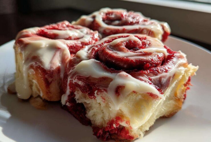 Three fluffy red velvet cinnamon rolls drizzled generously with white cream cheese icing on a white plate.