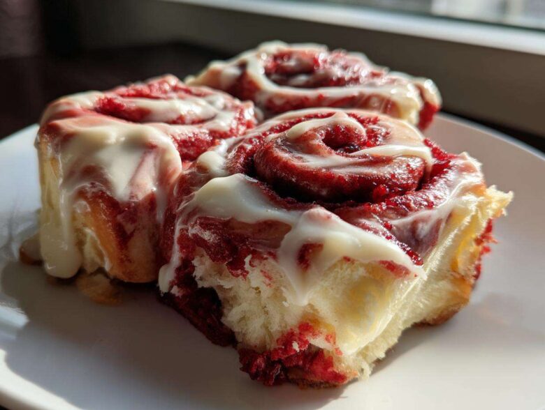 Three fluffy red velvet cinnamon rolls drizzled generously with white cream cheese icing on a white plate.
