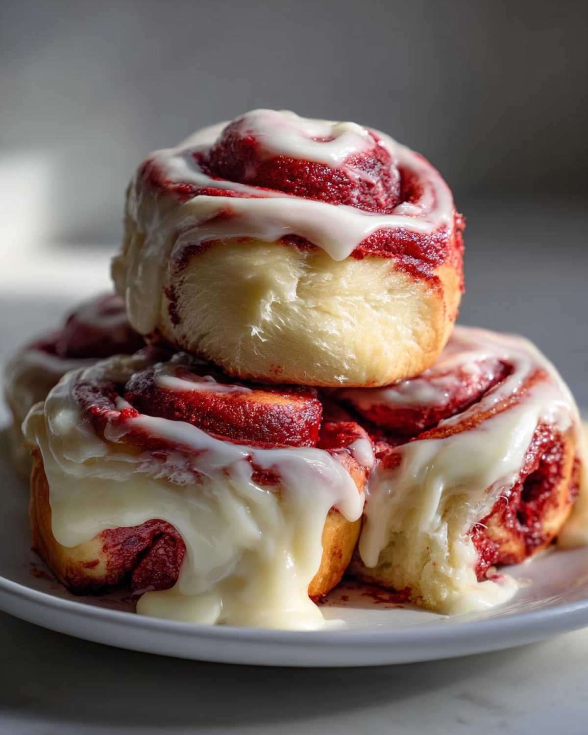 A stack of fluffy red velvet cinnamon rolls generously topped with dripping cream cheese icing.